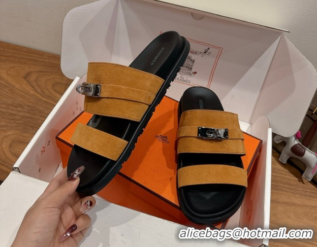 Good Quality Hermes Jackson Flat Slides Sandal in Suede Yellow 2025 H082008 0820091