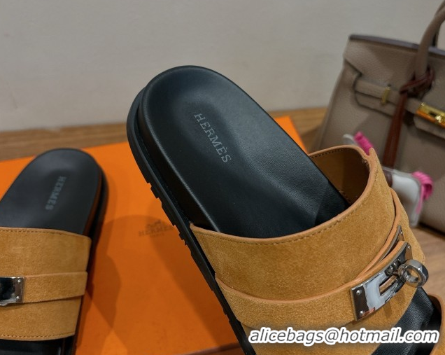 Good Quality Hermes Jackson Flat Slides Sandal in Suede Yellow 2025 H082008 0820091