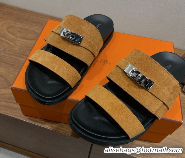 Good Quality Hermes Jackson Flat Slides Sandal in Suede Yellow 2025 H082008 0820091