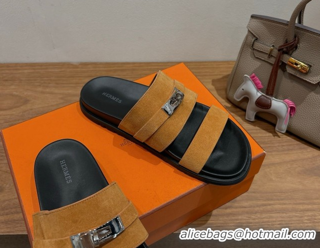 Good Quality Hermes Jackson Flat Slides Sandal in Suede Yellow 2025 H082008 0820091