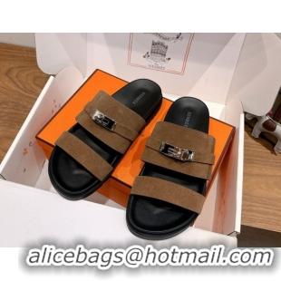 Purchase Hermes Jackson Flat Slides Sandal in Suede Dark Brown 2025 H082008 0820092