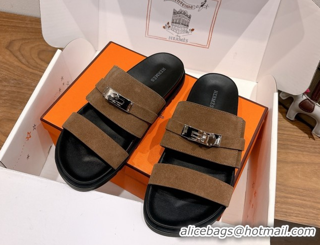 Purchase Hermes Jackson Flat Slides Sandal in Suede Dark Brown 2025 H082008 0820092