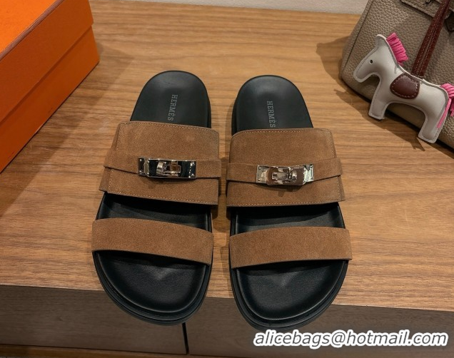 Purchase Hermes Jackson Flat Slides Sandal in Suede Dark Brown 2025 H082008 0820092