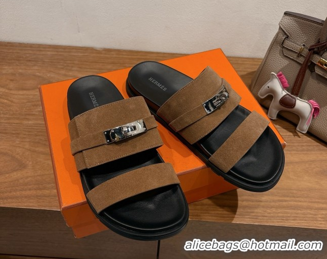 Purchase Hermes Jackson Flat Slides Sandal in Suede Dark Brown 2025 H082008 0820092