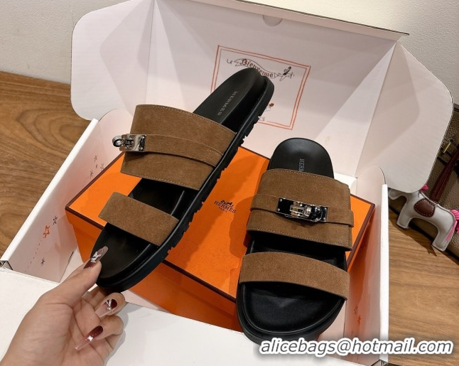 Purchase Hermes Jackson Flat Slides Sandal in Suede Dark Brown 2025 H082008 0820092