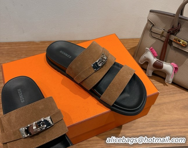 Purchase Hermes Jackson Flat Slides Sandal in Suede Dark Brown 2025 H082008 0820092