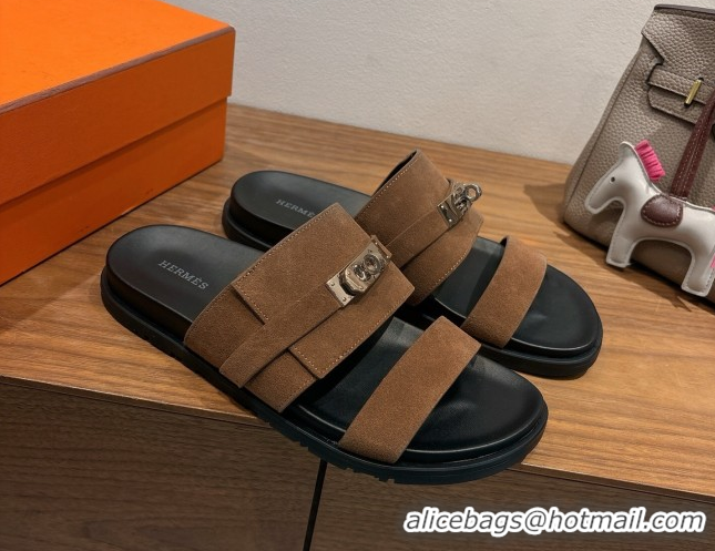 Purchase Hermes Jackson Flat Slides Sandal in Suede Dark Brown 2025 H082008 0820092