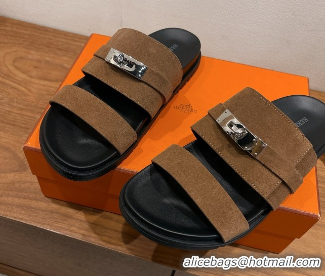 Purchase Hermes Jackson Flat Slides Sandal in Suede Dark Brown 2025 H082008 0820092