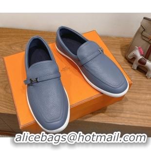 Top Grade Hermes Like Loafers in Grained Calfskin Dusty Blue 2025 H082009 0820097