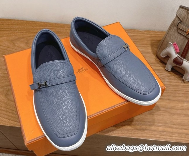 Top Grade Hermes Like Loafers in Grained Calfskin Dusty Blue 2025 H082009 0820097