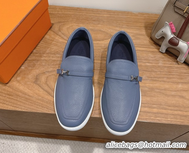 Top Grade Hermes Like Loafers in Grained Calfskin Dusty Blue 2025 H082009 0820097