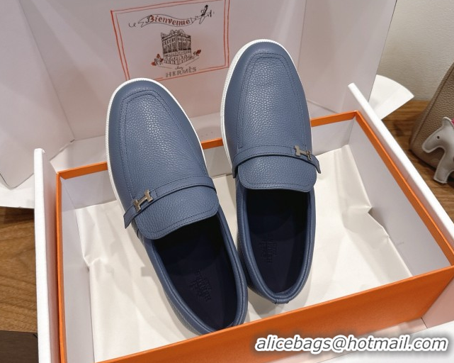 Top Grade Hermes Like Loafers in Grained Calfskin Dusty Blue 2025 H082009 0820097