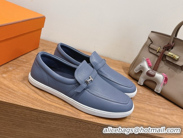 Top Grade Hermes Like Loafers in Grained Calfskin Dusty Blue 2025 H082009 0820097