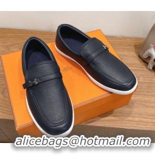 Popular Style Hermes Like Loafers in Grained Calfskin Dark Blue 2025 H082009 0820098