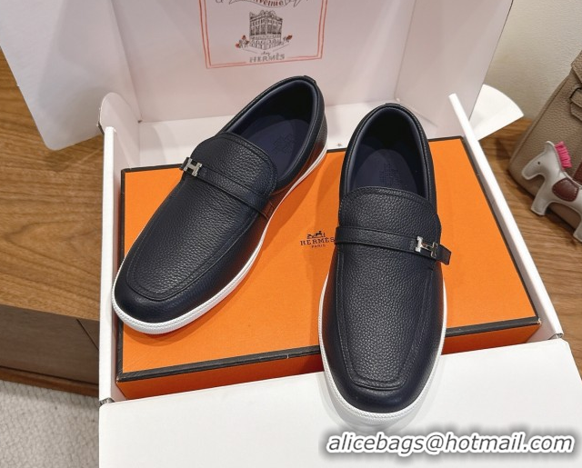 Popular Style Hermes Like Loafers in Grained Calfskin Dark Blue 2025 H082009 0820098