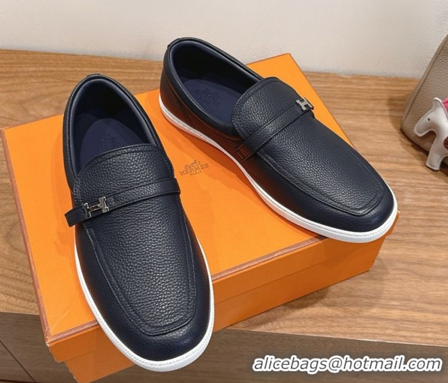 Popular Style Hermes Like Loafers in Grained Calfskin Dark Blue 2025 H082009 0820098