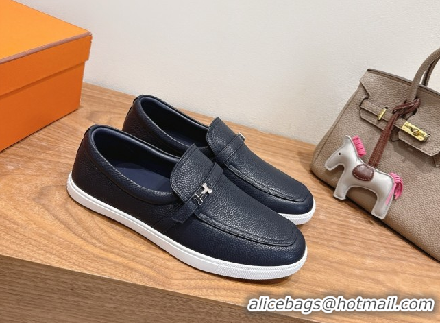 Popular Style Hermes Like Loafers in Grained Calfskin Dark Blue 2025 H082009 0820098