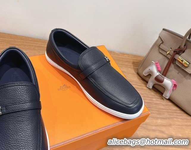 Popular Style Hermes Like Loafers in Grained Calfskin Dark Blue 2025 H082009 0820098