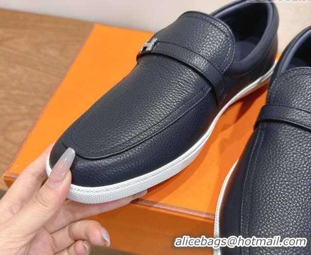 Popular Style Hermes Like Loafers in Grained Calfskin Dark Blue 2025 H082009 0820098