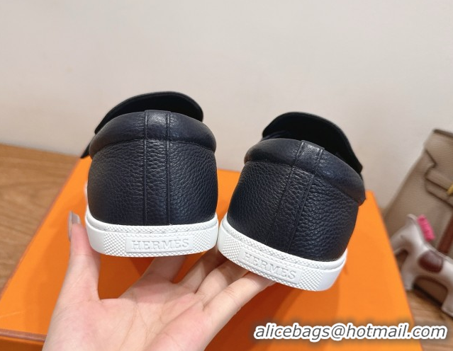 Popular Style Hermes Like Loafers in Grained Calfskin Dark Blue 2025 H082009 0820098