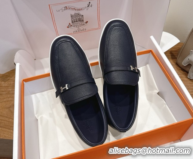 Popular Style Hermes Like Loafers in Grained Calfskin Dark Blue 2025 H082009 0820098