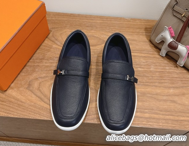 Popular Style Hermes Like Loafers in Grained Calfskin Dark Blue 2025 H082009 0820098