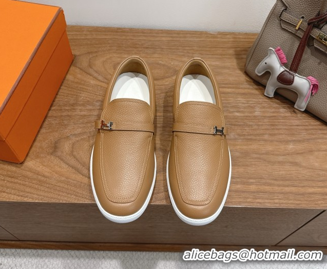 Durable Hermes Like Loafers in Grained Calfskin Beige 2025 H082009 0820099