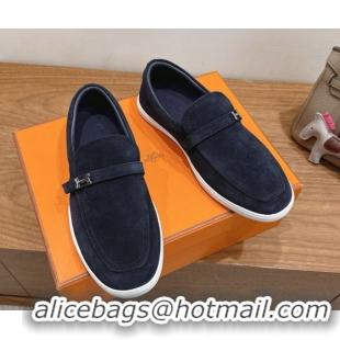 Good Looking Hermes Like Loafers in Suede Dark Blue 2025 H082009 0820102