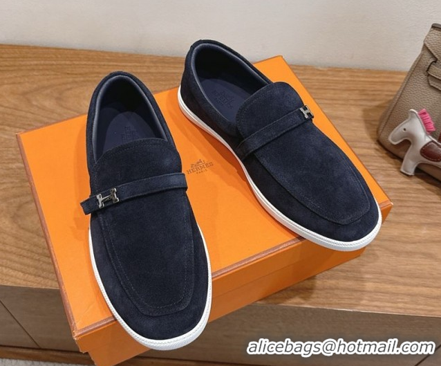 Good Looking Hermes Like Loafers in Suede Dark Blue 2025 H082009 0820102
