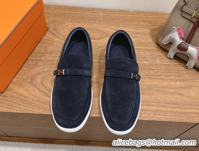 Good Looking Hermes Like Loafers in Suede Dark Blue 2025 H082009 0820102