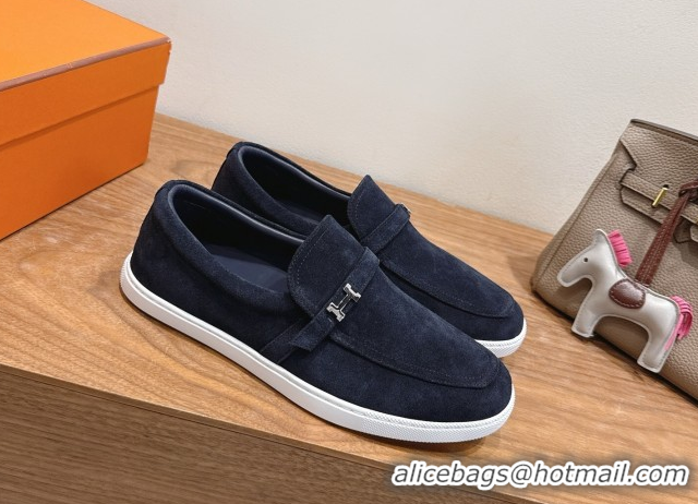 Good Looking Hermes Like Loafers in Suede Dark Blue 2025 H082009 0820102