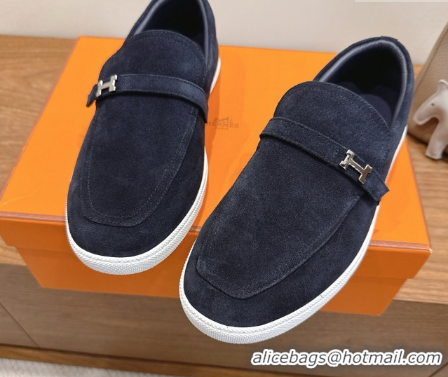Good Looking Hermes Like Loafers in Suede Dark Blue 2025 H082009 0820102