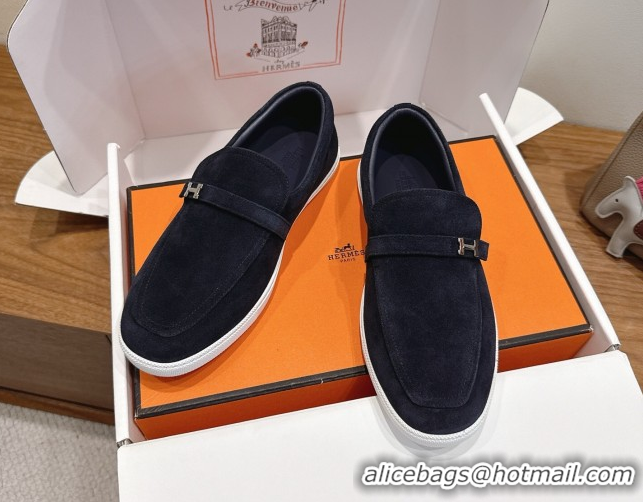 Good Looking Hermes Like Loafers in Suede Dark Blue 2025 H082009 0820102