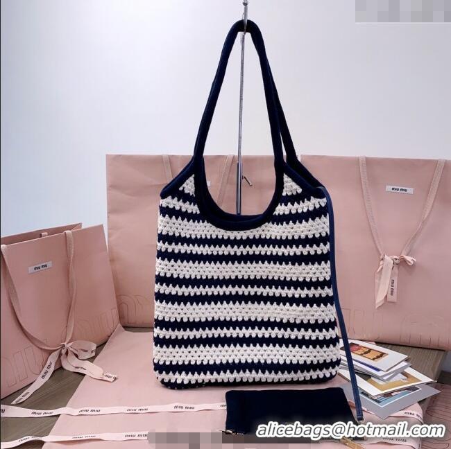 Good Quality Miu Miu Striped Knit tote bag 5BG231 White/Blue 2025