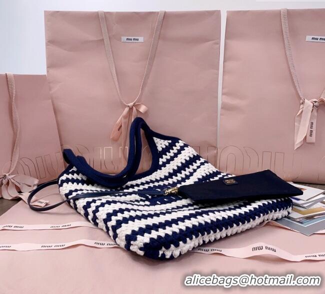Good Quality Miu Miu Striped Knit tote bag 5BG231 White/Blue 2025