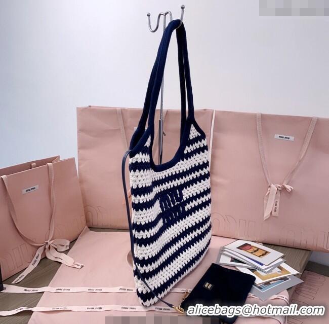 Good Quality Miu Miu Striped Knit tote bag 5BG231 White/Blue 2025