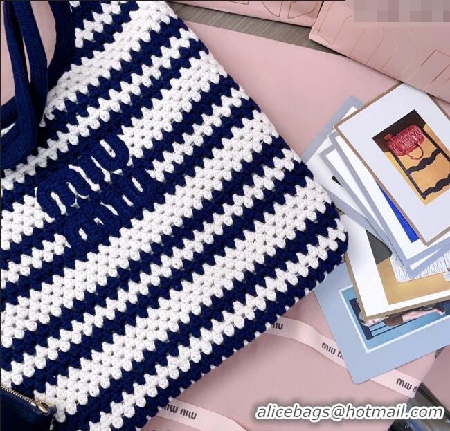 Good Quality Miu Miu Striped Knit tote bag 5BG231 White/Blue 2025