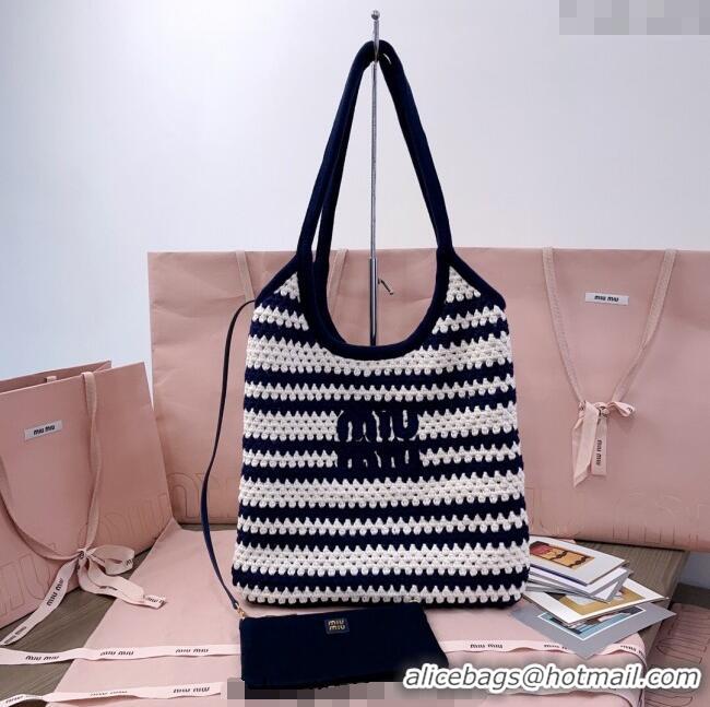 Good Quality Miu Miu Striped Knit tote bag 5BG231 White/Blue 2025
