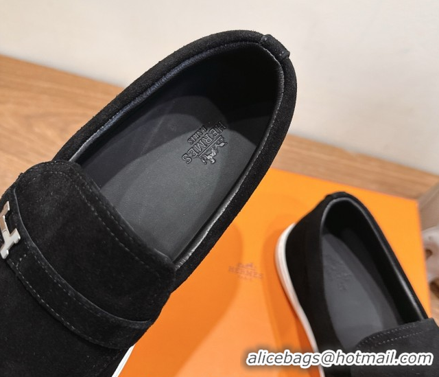 Perfect Hermes Like Loafers in Suede Black 2025 H082009 0820104