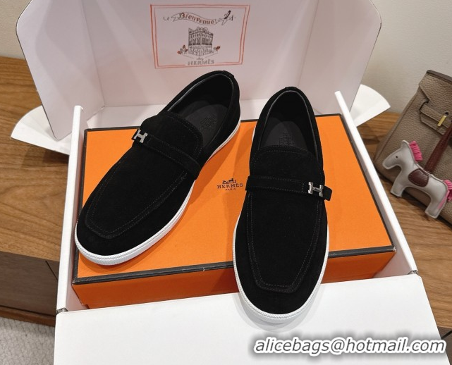 Perfect Hermes Like Loafers in Suede Black 2025 H082009 0820104