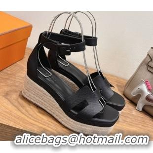 Most Popular Hermes Elda Platform Wedge Sandals 8cm Grainy Calfskin Black 2025 H082010 0820101