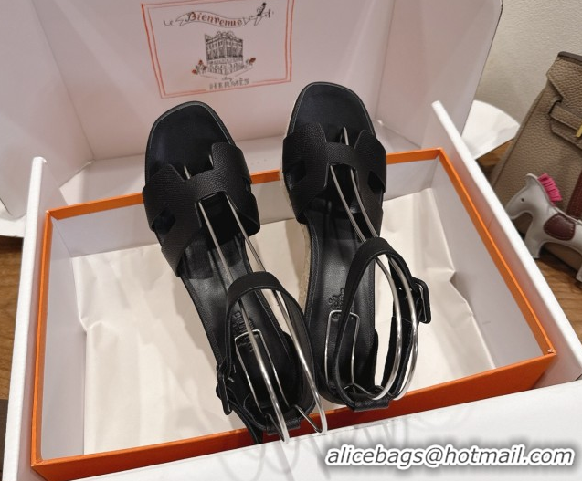 Most Popular Hermes Elda Platform Wedge Sandals 8cm Grainy Calfskin Black 2025 H082010 0820101
