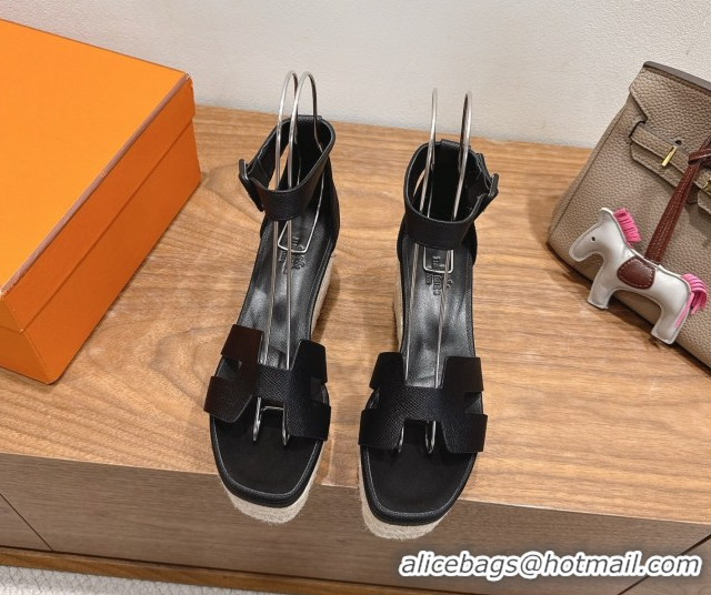 Most Popular Hermes Elda Platform Wedge Sandals 8cm Grainy Calfskin Black 2025 H082010 0820101