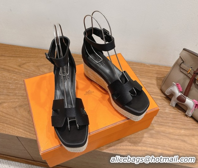 Most Popular Hermes Elda Platform Wedge Sandals 8cm Grainy Calfskin Black 2025 H082010 0820101