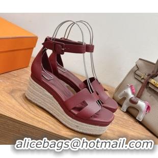 Best Product Hermes Elda Platform Wedge Sandals 8cm Grainy Calfskin Burgundy 2025 H082010 0820106