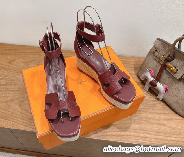 Best Product Hermes Elda Platform Wedge Sandals 8cm Grainy Calfskin Burgundy 2025 H082010 0820106