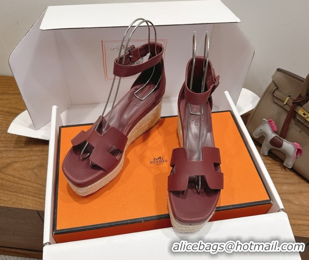 Best Product Hermes Elda Platform Wedge Sandals 8cm Grainy Calfskin Burgundy 2025 H082010 0820106