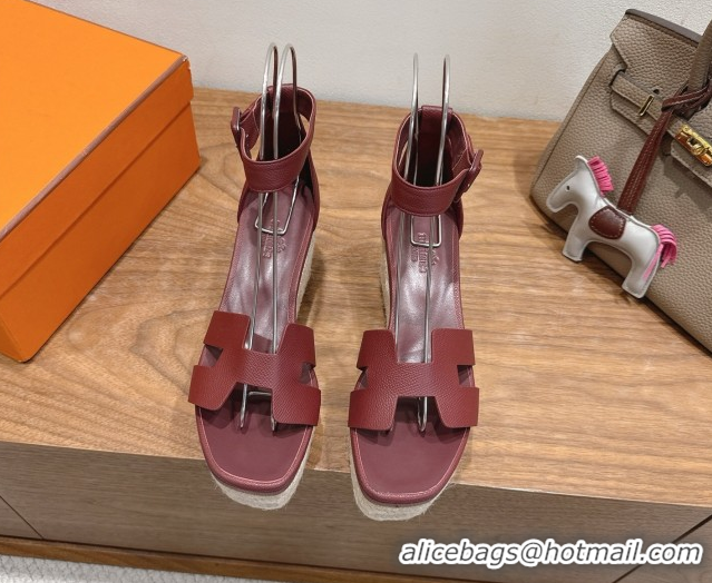 Best Product Hermes Elda Platform Wedge Sandals 8cm Grainy Calfskin Burgundy 2025 H082010 0820106