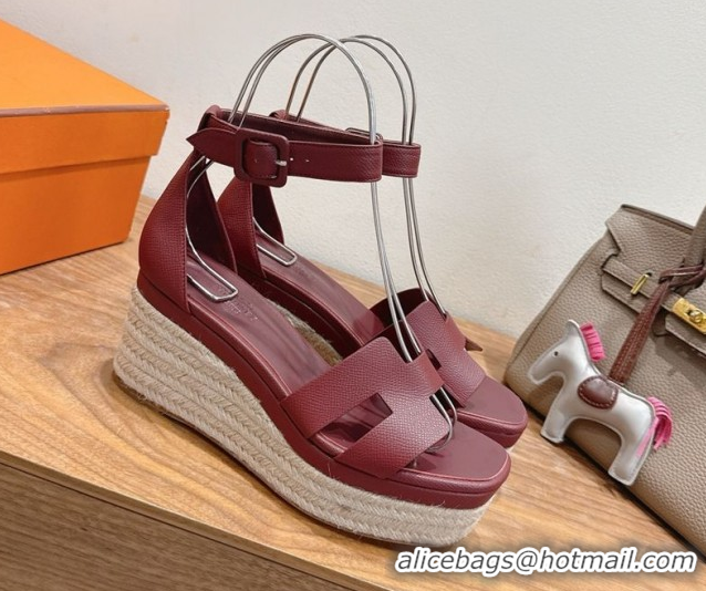 Best Product Hermes Elda Platform Wedge Sandals 8cm Grainy Calfskin Burgundy 2025 H082010 0820106