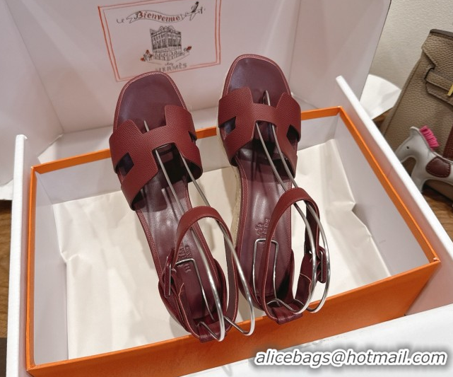 Best Product Hermes Elda Platform Wedge Sandals 8cm Grainy Calfskin Burgundy 2025 H082010 0820106